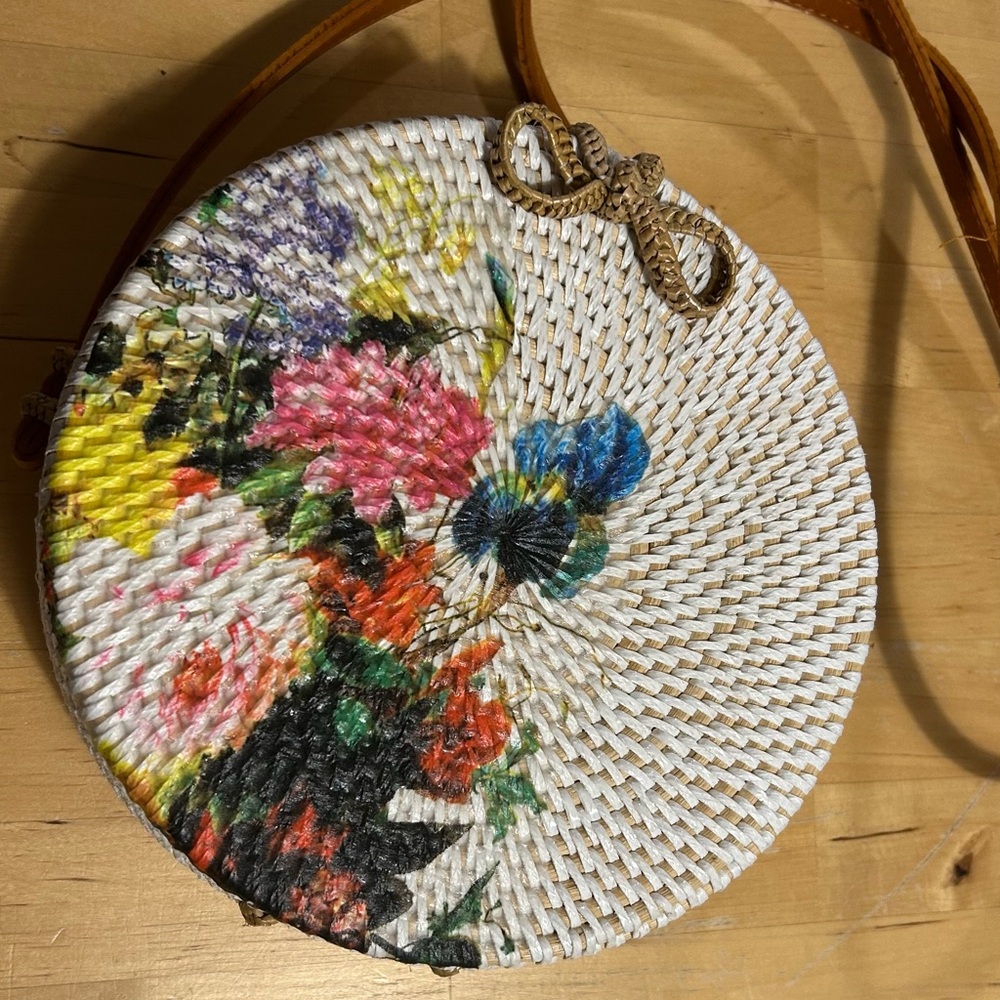 Anthropologie. Woven Round Crossbody Bag with Floral Print